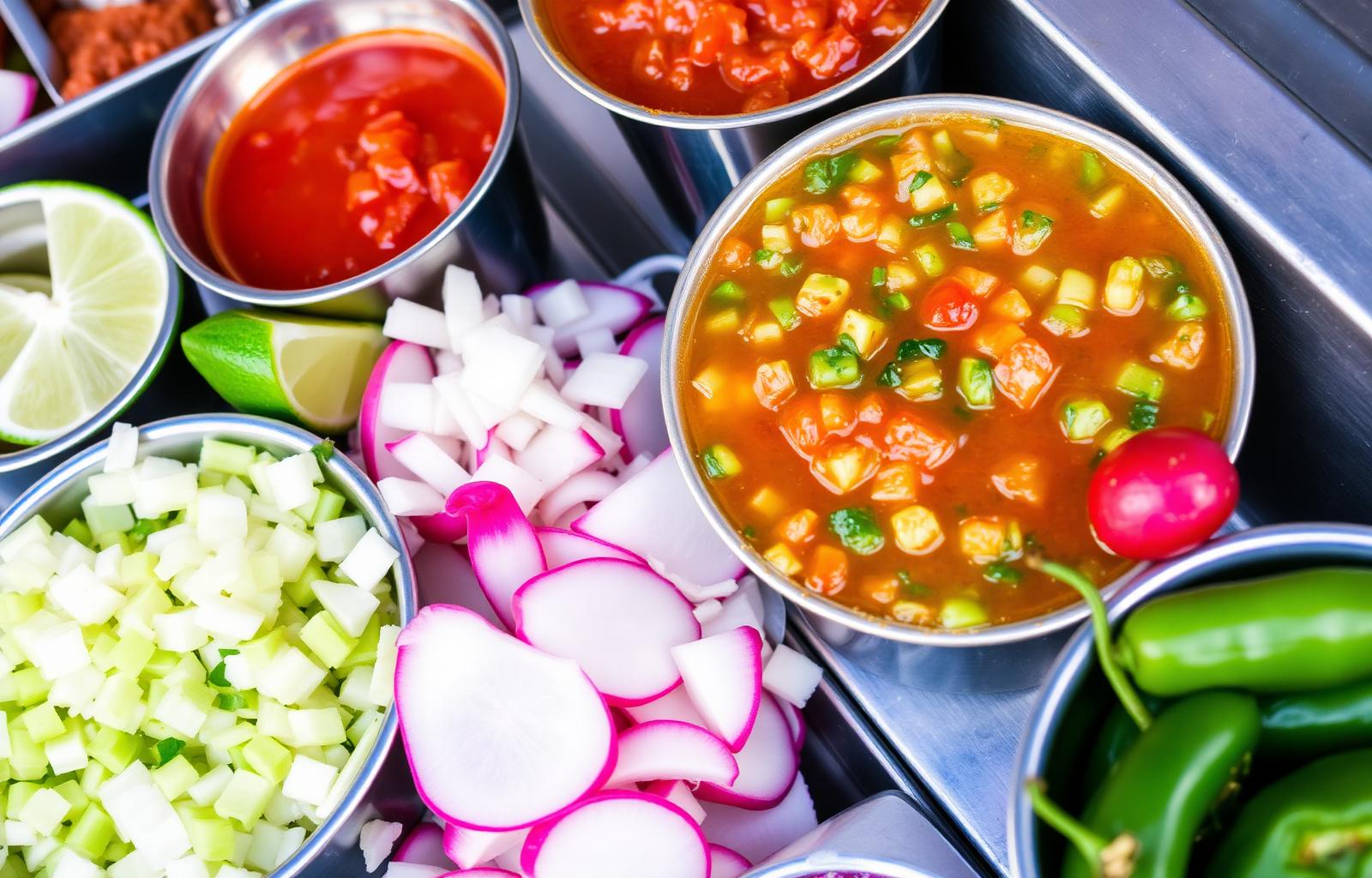 Fresh toppings bar with salsas, onions, radishes